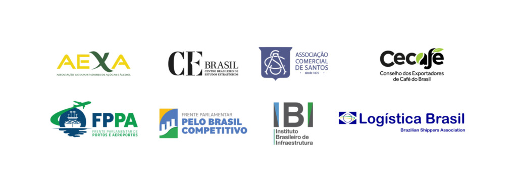 Logotipo contendo as logos de diversas organizações relacionadas ao setor de infraestrutura e comércio no Brasil, incluindo AEXA, CFE Brasil, Associação Comercial de Santos, Cecafe, FPPA, Frente Parlamentar pelo Brasil Competitivo, Instituto Brasileiro de Infraestrutura e Logística Brasil.